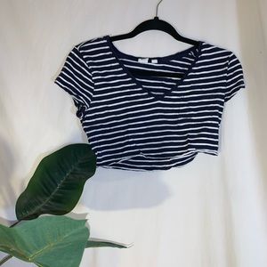 CUT TO BE CROPPED Navy and White-Striped T-Shirt
